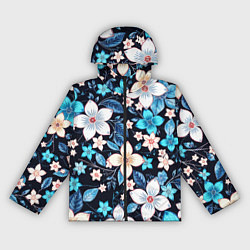 Ветровка с капюшоном женская Сине-белые цветы на чёрном фоне, цвет: 3D-черный