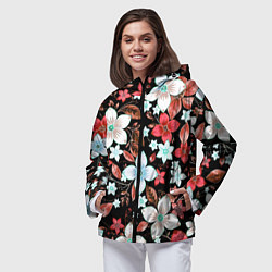 Ветровка с капюшоном женская Красно-белые цветы на чёрном фоне, цвет: 3D-черный — фото 2