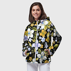 Ветровка с капюшоном женская Жёлто-белые цветы на чёрном фоне, цвет: 3D-белый — фото 2