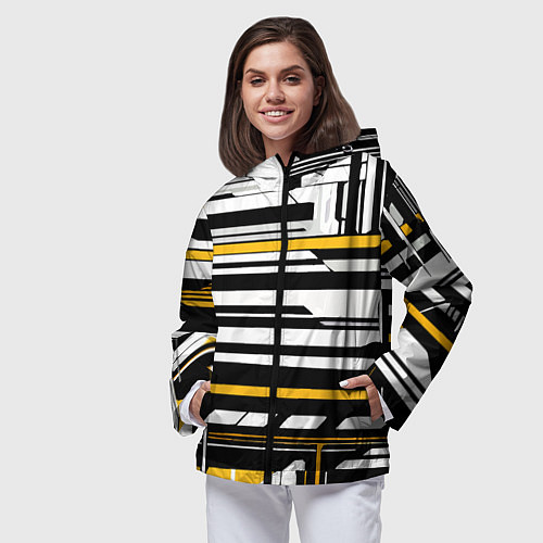 Женская ветровка Жёлто-белые технологические линии на чёрном фоне / 3D-Черный – фото 3