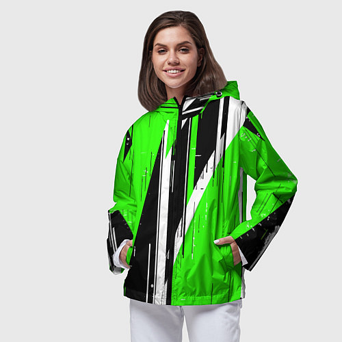 Женская ветровка Чёрно-белые вертикальные полосы на зелёном фоне / 3D-Черный – фото 3