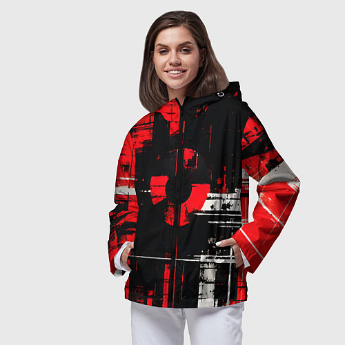 Женская ветровка Красно-белый гранж на чёрном фоне / 3D-Черный – фото 3