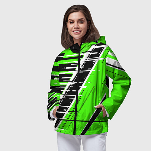 Женская ветровка Чёрно-белые глитч полосы на зелёном фоне / 3D-Черный – фото 3