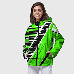 Ветровка с капюшоном женская Чёрно-белые глитч полосы на зелёном фоне, цвет: 3D-черный — фото 2