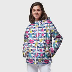 Ветровка с капюшоном женская Полосатый паттерн с яркими молодежными стикерами, цвет: 3D-белый — фото 2