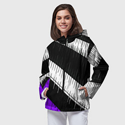 Ветровка с капюшоном женская Диагональные чёрно-белые полосы на фиолетовом фоне, цвет: 3D-черный — фото 2