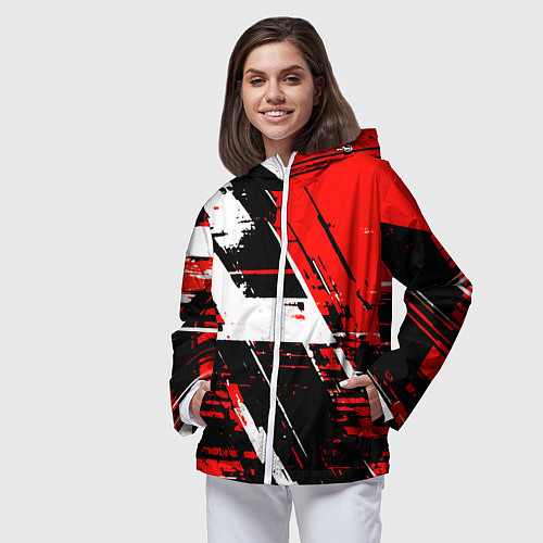 Женская ветровка Diagonal black and white stripes on a red backgrou / 3D-Белый – фото 3