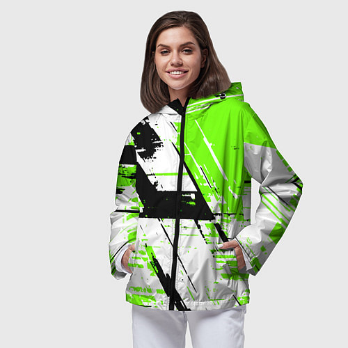 Женская ветровка Diagonal black and green stripes on a white backgr / 3D-Черный – фото 3
