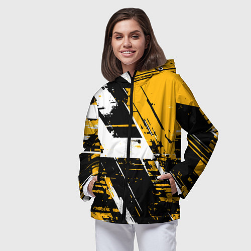 Женская ветровка Diagonal black and white stripes on a yellow backg / 3D-Черный – фото 3