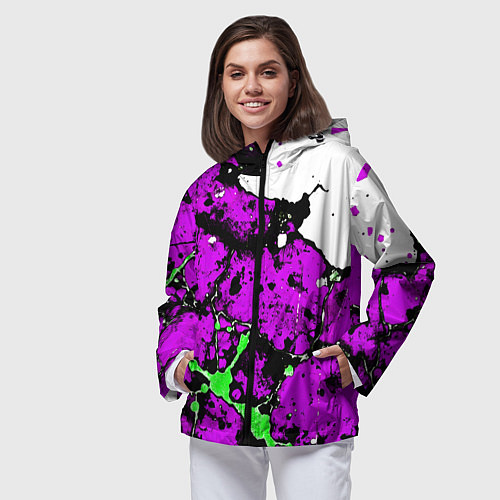 Женская ветровка Зелёно-розовая абстракция на белом фоне / 3D-Черный – фото 3