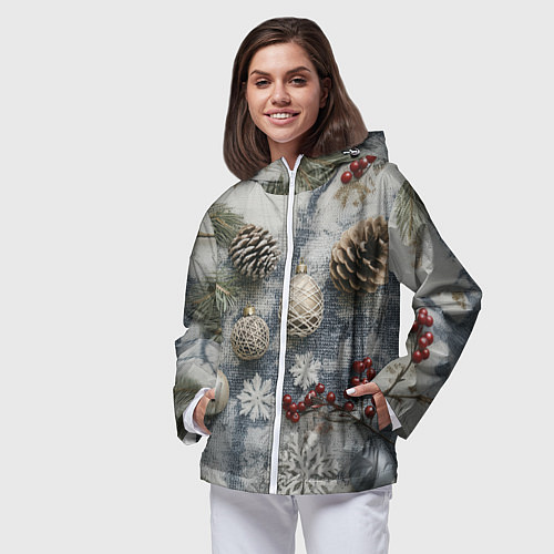 Женская ветровка Новогодние игрушки и шишки / 3D-Белый – фото 3