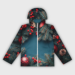 Ветровка с капюшоном женская Новогодний фон и рябина, цвет: 3D-белый
