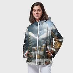 Ветровка с капюшоном женская Новогодняя огромная елка и маленькие домики, цвет: 3D-белый — фото 2