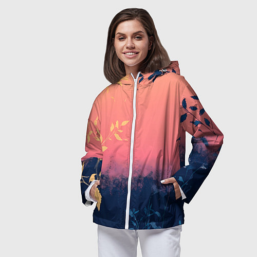 Женская ветровка Листья на сине-розовом фоне - нейросеть / 3D-Белый – фото 3