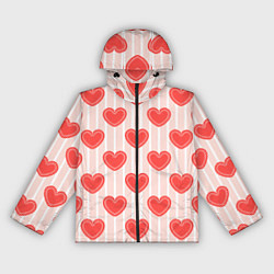 Ветровка с капюшоном женская Полосатый паттерн с красными ажурными сердечками, цвет: 3D-черный