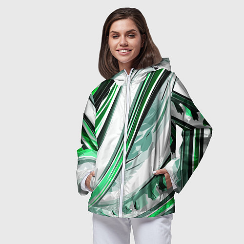 Женская ветровка Волнистая бело-зелёная абстракция / 3D-Белый – фото 3