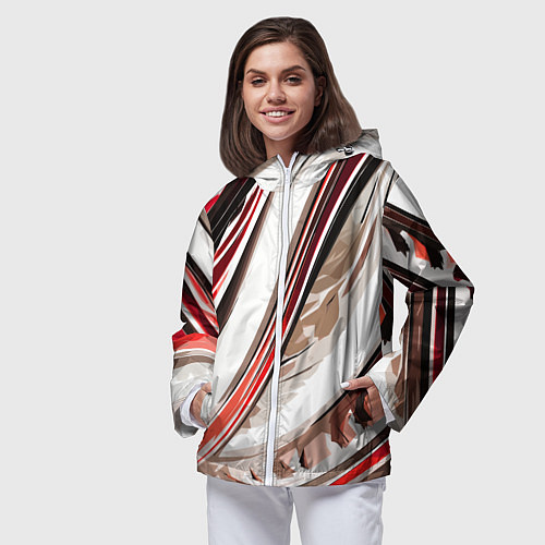 Женская ветровка Волнистая бело-красная абстракция / 3D-Белый – фото 3