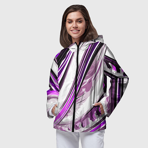Женская ветровка Волнистая бело-фиолетовая абстракция / 3D-Черный – фото 3