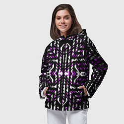 Ветровка с капюшоном женская Чёрно-фиолетовые диагональные полосы на белом фоне, цвет: 3D-черный — фото 2