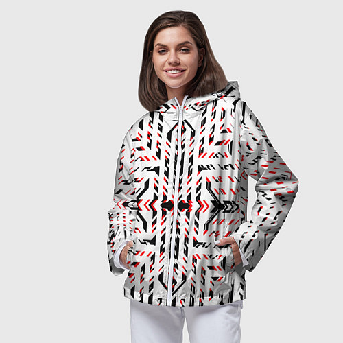 Женская ветровка Чёрно-красные диагональные полосы на белом фоне / 3D-Белый – фото 3