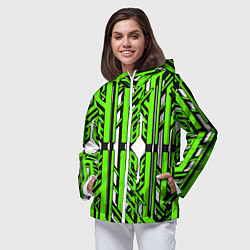 Ветровка с капюшоном женская Чёрно-зелёные техно полосы на белом фоне, цвет: 3D-белый — фото 2