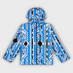 Ветровка с капюшоном женская Бело-синие техно полосы на чёрном фоне, цвет: 3D-черный