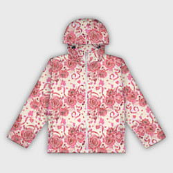 Ветровка с капюшоном женская Букеты роз с сердечками, цвет: 3D-белый