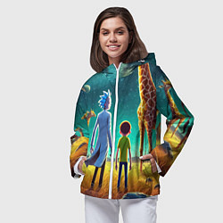 Ветровка с капюшоном женская Рик и Морти на планете жирафов - нейроарт, цвет: 3D-белый — фото 2