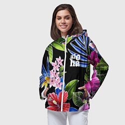 Ветровка с капюшоном женская Tropical flowers - aloha, цвет: 3D-белый — фото 2