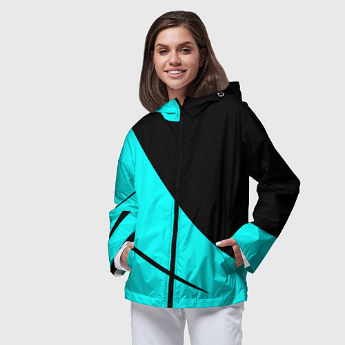 Женская ветровка Чёрный и неоновый голубой двуцветный с полосой / 3D-Черный – фото 3