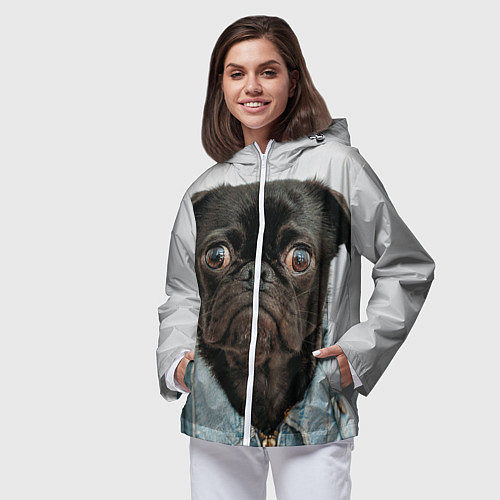 Женская ветровка Мопс в джинсовке - голова групно / 3D-Белый – фото 3