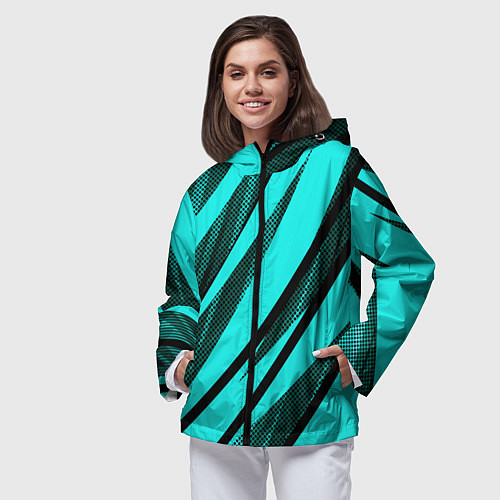 Женская ветровка Неоновый голубой с чёрным абстракция с полосами / 3D-Черный – фото 3