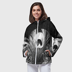 Ветровка с капюшоном женская Изогнутые белые перья павлина - чб иллюстрация, цвет: 3D-белый — фото 2