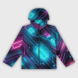 Ветровка с капюшоном женская Неоновый узор киберпанк микросхемы, цвет: 3D-черный