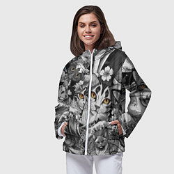 Ветровка с капюшоном женская С котами и рыбой на фоне сакуры в волнах, цвет: 3D-белый — фото 2