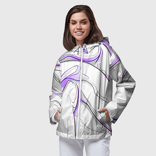 Женская ветровка Черные и фиолетовые линии на белом / 3D-Белый – фото 3