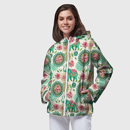 Женская ветровка Слоны и мандалы паттерн в индийской стилистике / 3D-Белый – фото 3