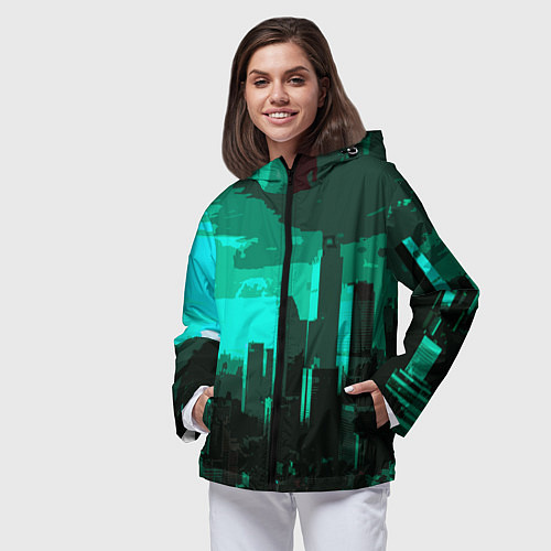 Женская ветровка Стилизованный город бирюзовый / 3D-Черный – фото 3
