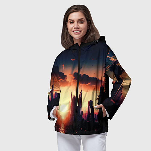 Женская ветровка Пейзаж город будущего закат / 3D-Черный – фото 3