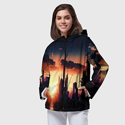 Ветровка с капюшоном женская Пейзаж город будущего закат, цвет: 3D-черный — фото 2