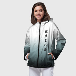Ветровка с капюшоном женская Градиент с надписью на японском - здоровье и деньг, цвет: 3D-черный — фото 2