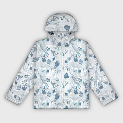 Ветровка с капюшоном женская Мемфис синий с серым клетчатый геометрический узор, цвет: 3D-белый