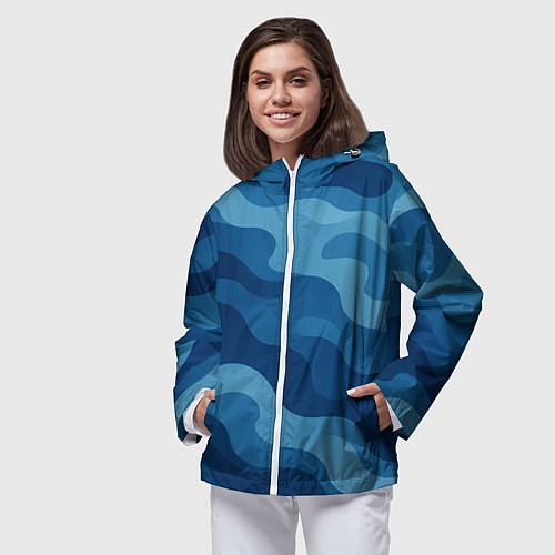 Женская ветровка Синие волнистые линии в виде камуфляжа / 3D-Белый – фото 3