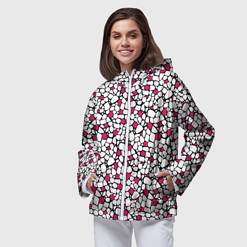 Женская ветровка Мелкий красно белый мозаичный узор на черном / 3D-Белый – фото 3