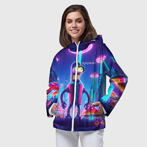 Женская ветровка Робот-сгибальщик Бендер в неоновом грибном мегапол / 3D-Белый – фото 3