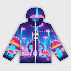 Ветровка с капюшоном женская Робот-сгибальщик Бендер в неоновом грибном мегапол, цвет: 3D-белый
