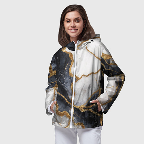 Женская ветровка Мрамор белый и черный с золотом / 3D-Белый – фото 3