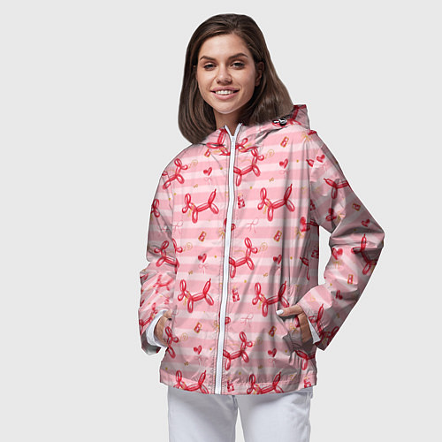 Женская ветровка Красные шарики-собачки на розовых полосках / 3D-Белый – фото 3