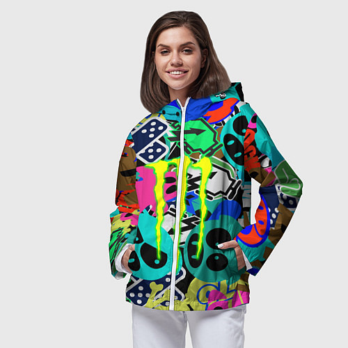 Женская ветровка Monster energy стикеры / 3D-Белый – фото 3