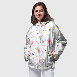 Ветровка с капюшоном женская Нежные цветочки, цвет: 3D-белый — фото 2
